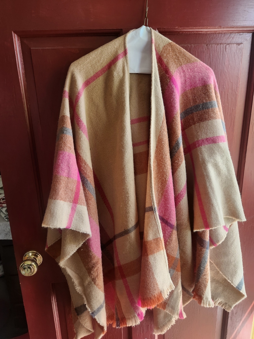 Beige and Pink Plaid Open-Front Poncho Wrap